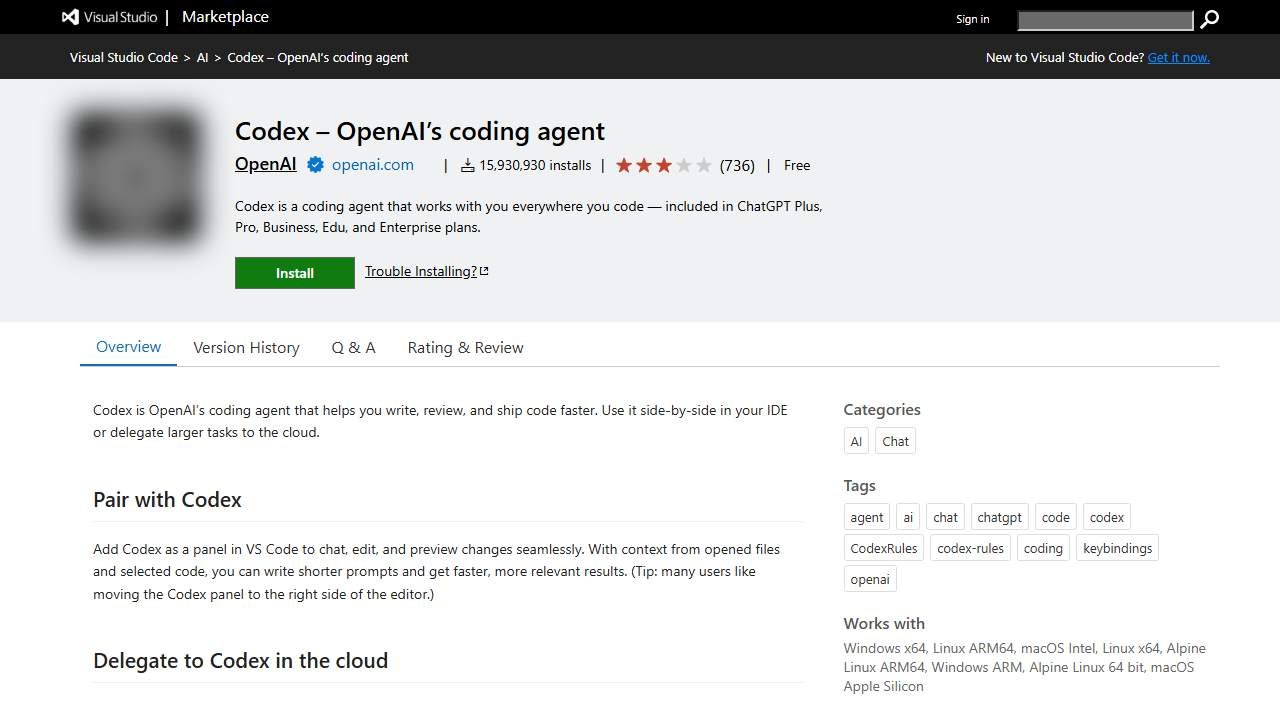 VS Code插件市场Codex – OpenAI's coding agent页面:发布者OpenAI,15,930,930 installs,736条评分,Free,绿色Install按钮