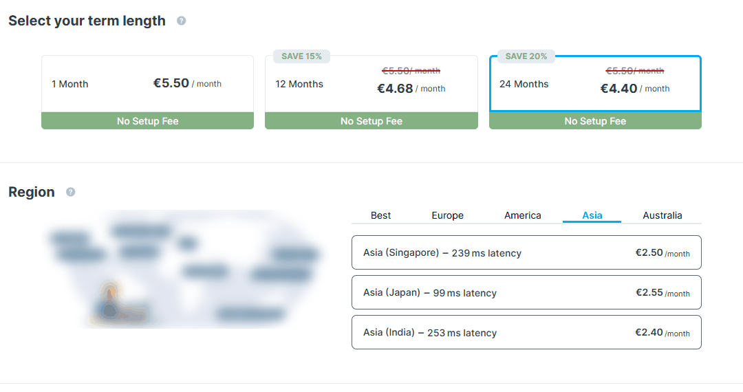 Contabo Storage VPS 10下单配置页:1个月、12个月、24个月三种合约都写No Setup Fee,亚洲新加坡、日本、印度机房每月加价