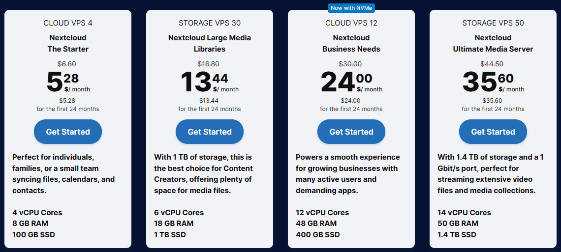 Contabo官方Nextcloud页推荐的四个套餐:Cloud VPS 4入门、Storage VPS 30大媒体库、Cloud VPS 12、Storage VPS 50