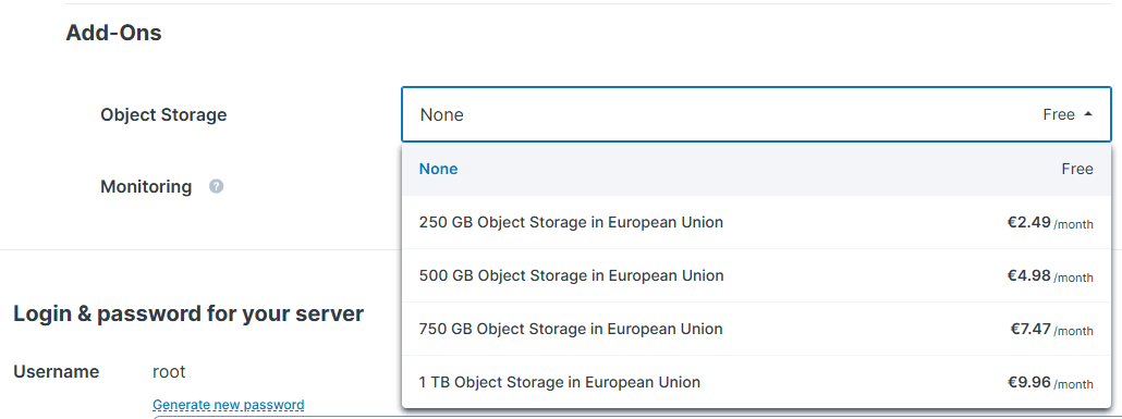 Contabo VPS配置页附加项Object Storage下拉价格:欧盟250GB每月2.49欧元到1TB每月9.96欧元
