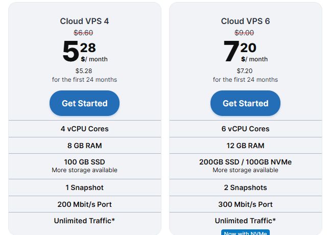 Contabo美国站Cloud VPS 4和Cloud VPS 6:24个月合约每月5.28美元和7.20美元,端口200Mbit/s和300Mbit/s,都写Unlimited Traffic