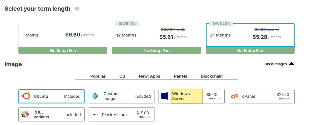 Contabo Cloud VPS 4配置页：月付6.60美元、12个月5.61美元、24个月5.28美元；Image一栏Windows Server另加9.60美元/月，Ubuntu和RHEL不加钱