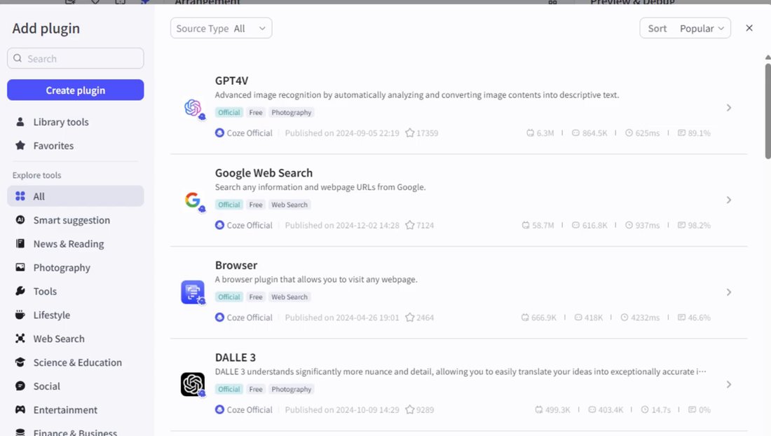 coze.com添加插件窗口,列出GPT4V、Google Web Search、Browser、DALLE 3等官方免费插件