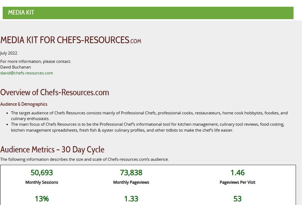 Chefs Resources 2022年7月媒体合作页:每月50693次访问、73838次浏览、每次访问1.46页、回访13%、Ahrefs DA 53