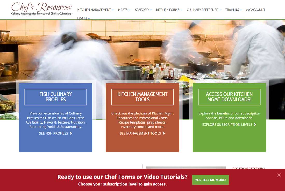Chefs Resources首页:鱼类风味档案、厨房管理工具、厨房管理下载三个入口,底部写着选订阅档位才能用表格和视频教程
