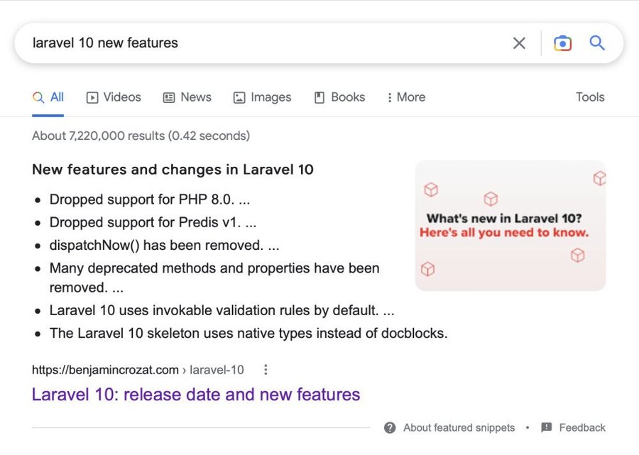 谷歌搜laravel 10 new features,精选摘要来自Laravel 10: release date and new features