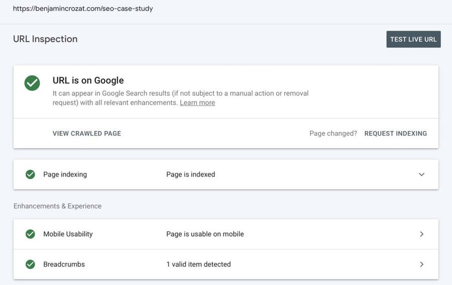 GSC网址检查页:URL is on Google、Page is indexed,右侧REQUEST INDEXING按钮