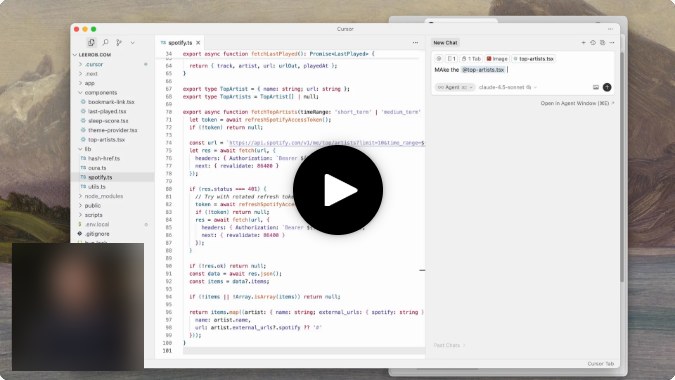 Cursor编辑器界面,左边是项目文件和代码,右边是Agent对话框