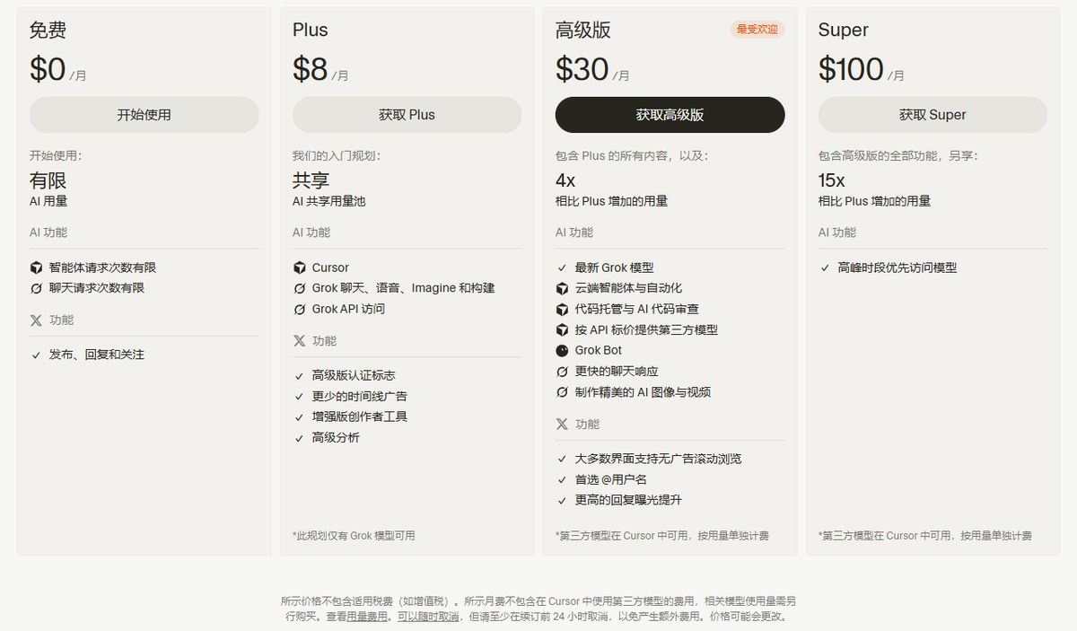 Cursor中文定价页:免费0美元、Plus 8美元、高级版30美元、Super 100美元,Plus注明仅有Grok模型可用