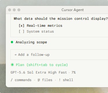 Cursor命令行里的Agent在Plan模式下先问清需求,底部提示Plan (shift+tab to cycle)