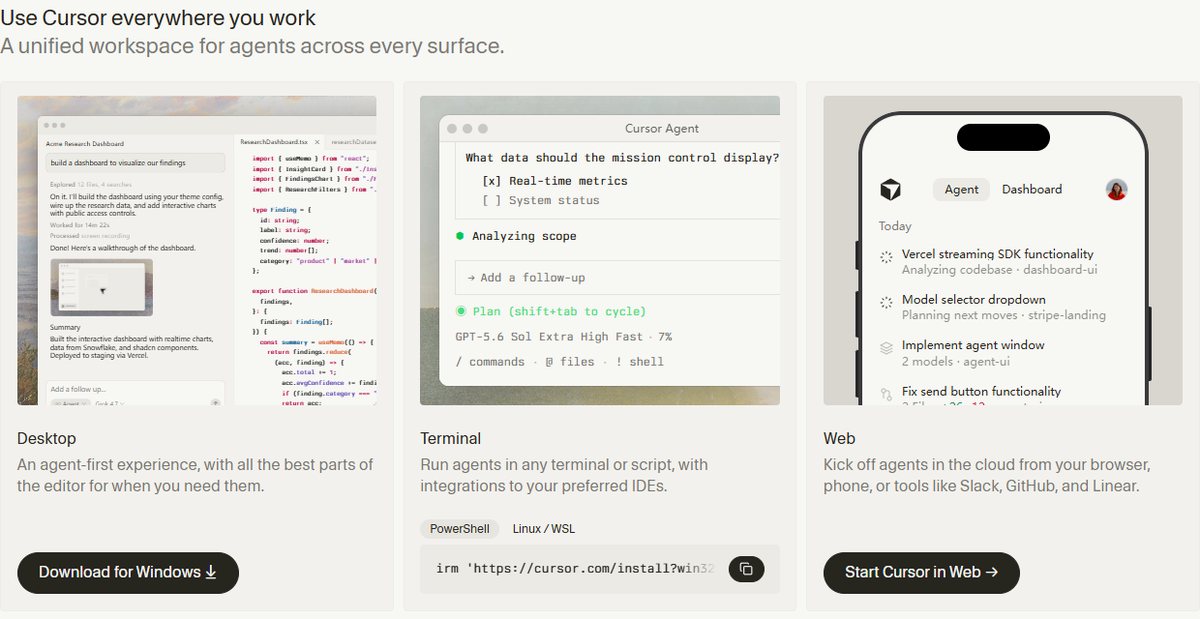 Cursor下载页Use Cursor everywhere you work:桌面版、终端、网页三个入口