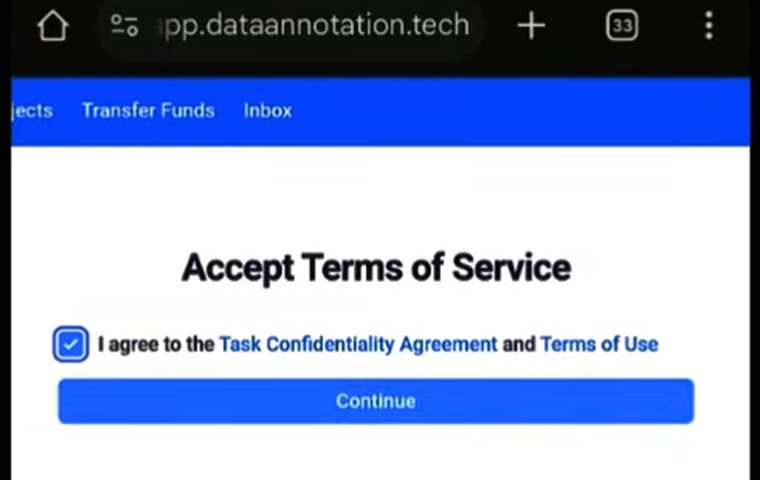 DataAnnotation注册后的Accept Terms of Service页面:勾选同意任务保密协议和使用条款,点Continue