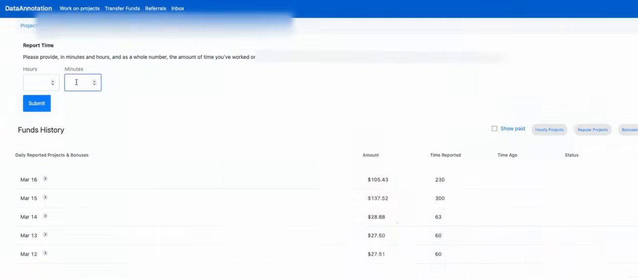 DataAnnotation后台Funds History:3月12日到16日五天的金额和报的分钟,合计713分钟326.84美元