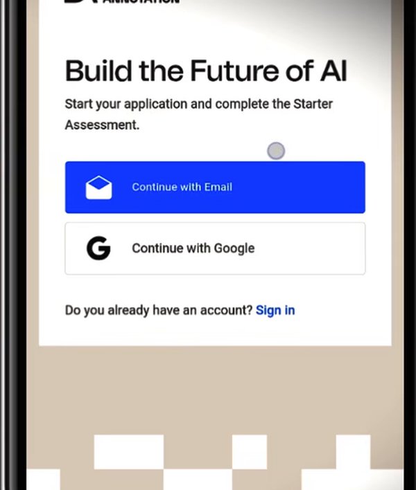 DataAnnotation手机端注册页:Build the Future of AI,Continue with Email和Continue with Google两个入口