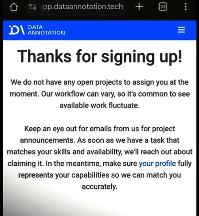 DataAnnotation注册完页面Thanks for signing up:目前没有可分配的项目,留意邮件里的项目通知