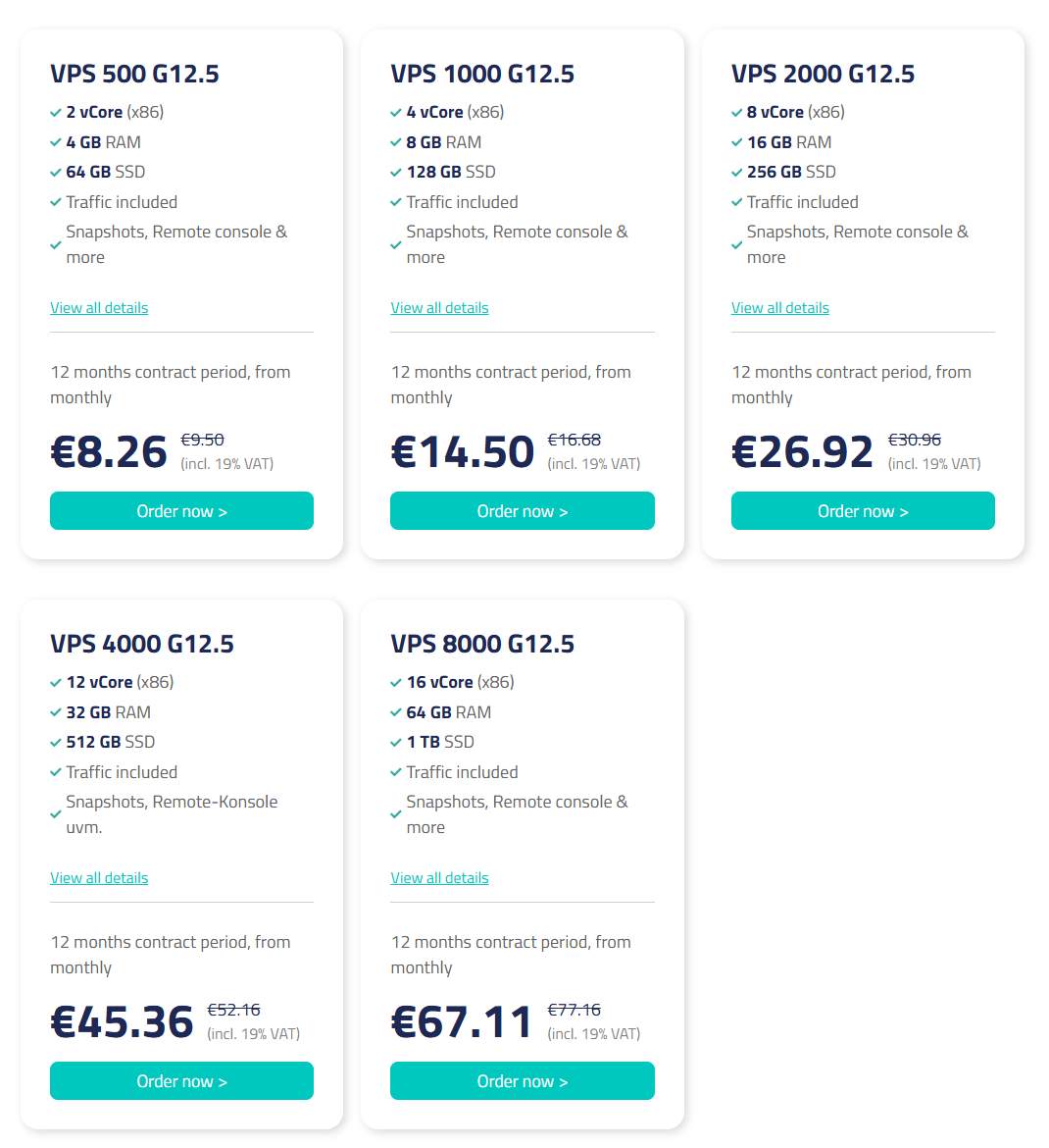 Netcup VPS G12.5价格卡片：VPS 2000 8核16GB 26.92欧元，VPS 4000 12核32GB 45.36欧元，VPS 8000 16核64GB 67.11欧元，都写12 months contract period和incl. 19% VAT