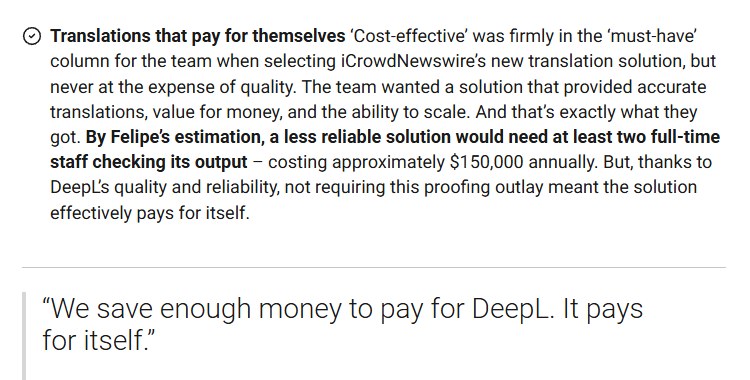 iCrowdNewswire案例原文:CTO估算不用DeepL至少要两名全职员工检查译文,每年约15万美元