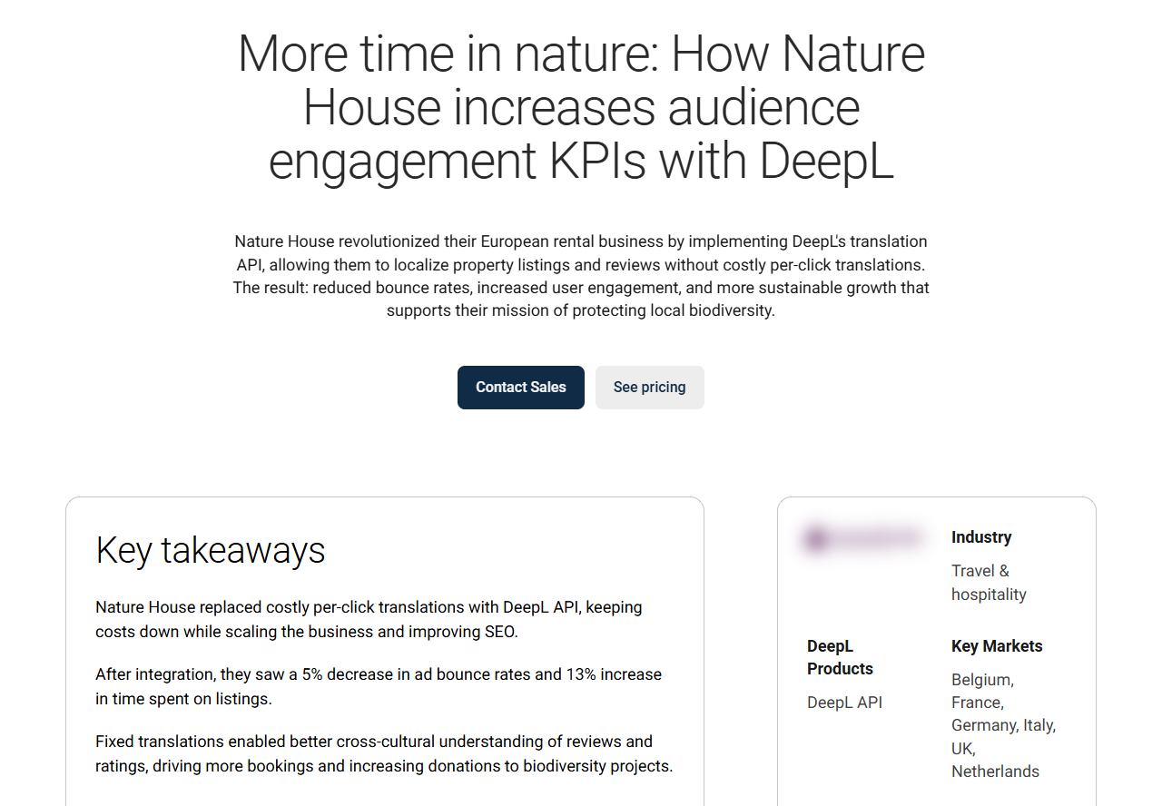 DeepL官网客户案例Nature House页面,广告跳出率降5%,房源停留时间多13%