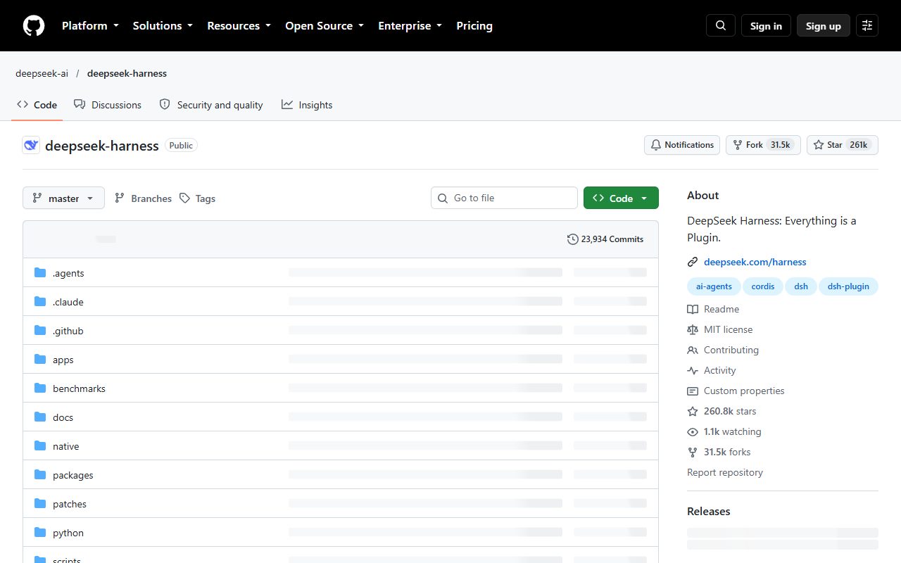 GitHub上deepseek-ai/deepseek-harness仓库页:DeepSeek Harness: Everything is a Plugin,MIT license,260.8k stars,31.5k forks