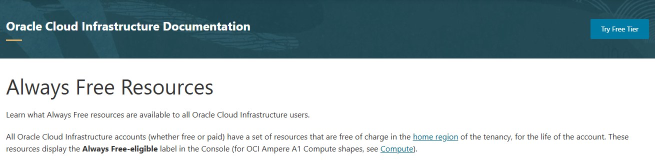 Oracle官方文档Always Free Resources:所有账户的免费资源都只在账户的主区域home region里免费