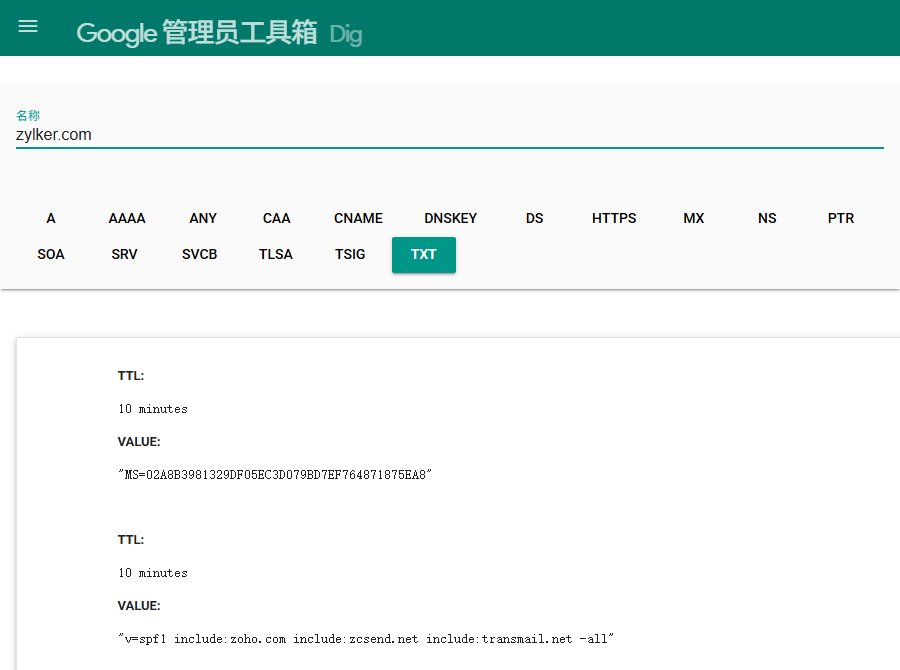 用Google管理员工具箱Dig查zylker.com的TXT记录,其中一条SPF是v=spf1 include:zoho.com include:zcsend.net include:transmail.net -all