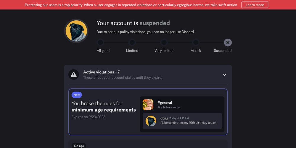 Discord Your account is suspended页,红色横幅和Active violations里一条未满最低年龄的违规