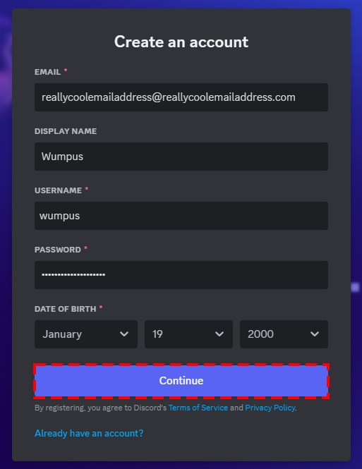 Discord Create an account注册表单:Email、Display Name、Username、Password、Date of Birth和Continue按钮