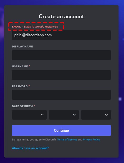 Discord注册页报错Email is already registered,红框标出报错提示