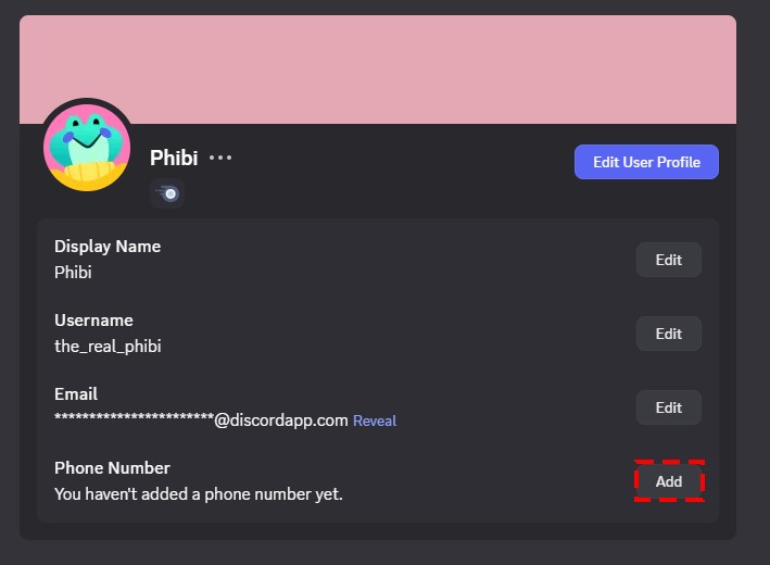 Discord电脑端My Account页,Phone Number一行右边有Add按钮,红框标出