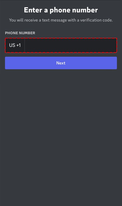 Discord手机端Enter a phone number页,提示会收到带验证码的短信,红框标出号码输入框