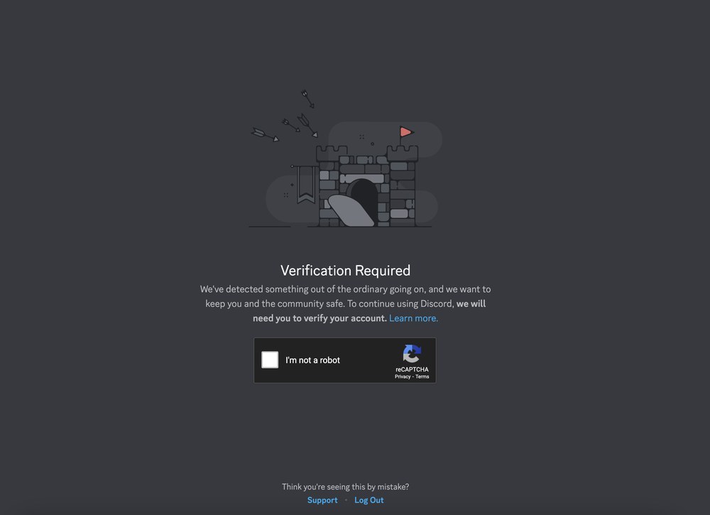Discord电脑端Verification Required整页,下面有一个人机验证复选框和Support、Log Out入口