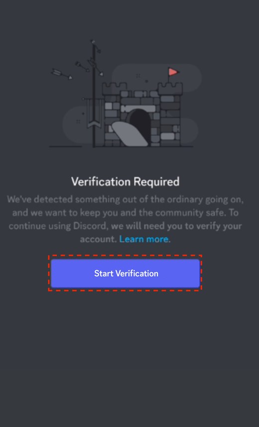 Discord手机端Verification Required提示,红框标出Start Verification按钮