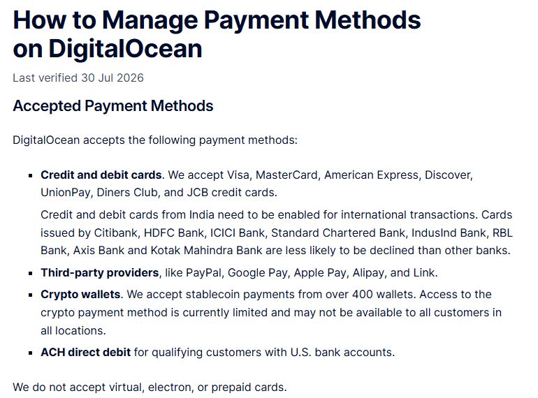 DigitalOcean付款方式文档:第三方付款列了PayPal、Google Pay、Apple Pay、Alipay和Link,不收虚拟卡和预付卡