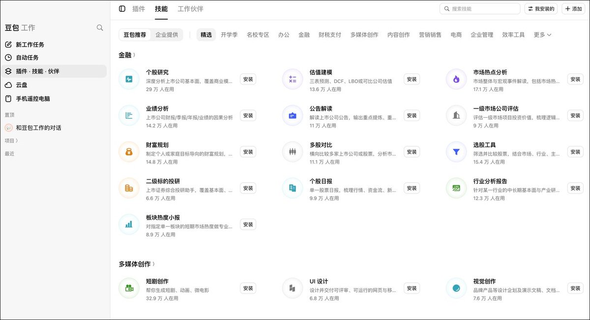 豆包工作插件技能伙伴页的技能标签:豆包推荐下分精选、办公、金融、多媒体创作、内容创作、电商等,金融类有个股研究、估值建模、行业分析报告,每个技能带安装按钮
