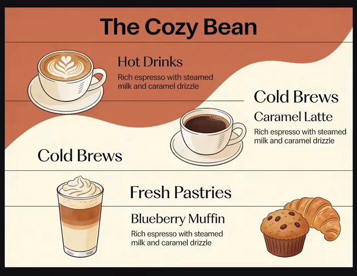 给咖啡馆生成的The Cozy Bean菜单,热饮、冷萃、糕点三栏