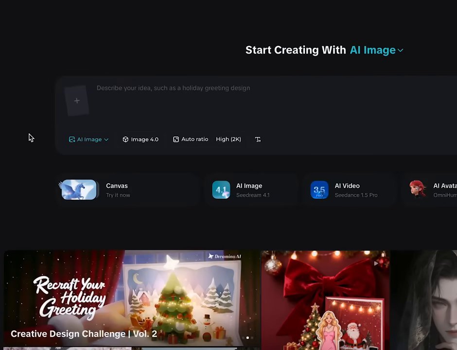 Dreamina创作页:选AI Image、Image 4.0、Auto ratio、High (2K),下面是Canvas、AI Image、AI Video、AI Avatar入口