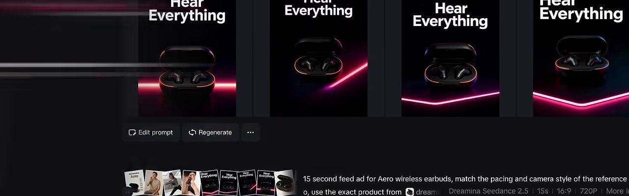 Dreamina图生视频:左边一排参考图,提示词写15 second feed ad,模型栏Dreamina Seedance 2.5、15s、16:9、720P