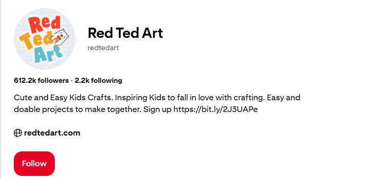 Red Ted Art的Pinterest主页显示61.2万关注者