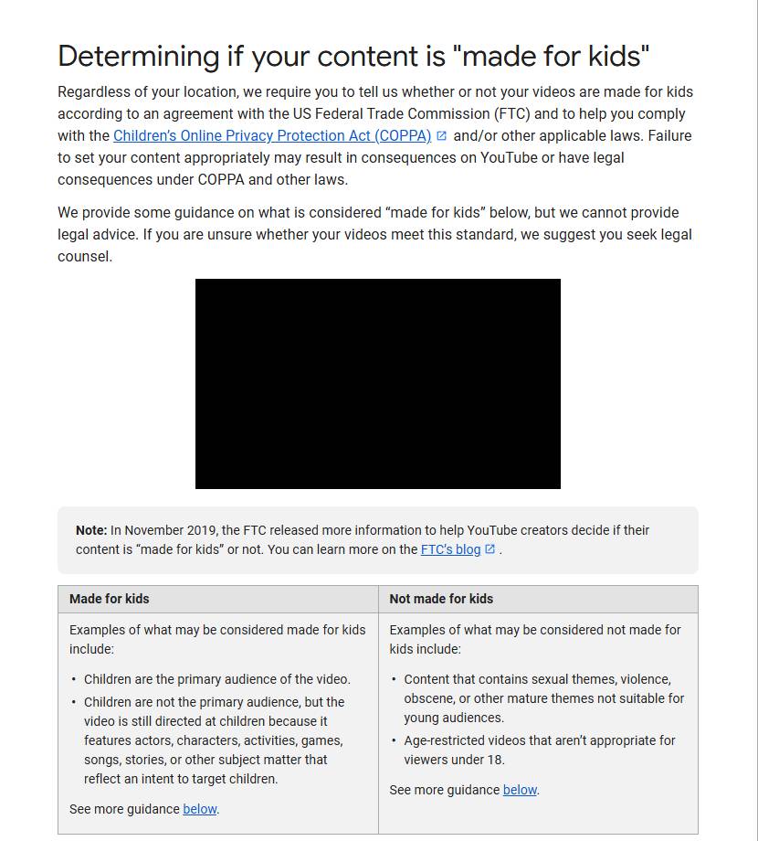 YouTube官方帮助页说明如何判断内容是否面向儿童