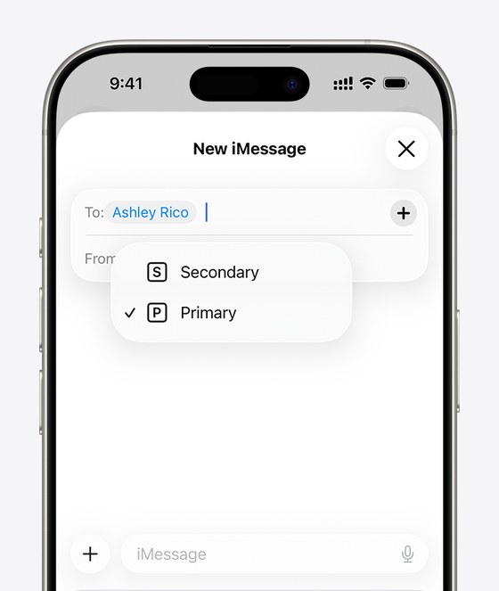 iPhone新建iMessage页面:From里可选Secondary或Primary,决定用哪个号发