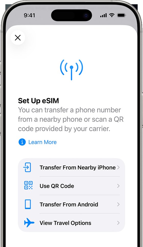 iPhone的Set Up eSIM页面:可选Transfer From Nearby iPhone、Use QR Code、Transfer From Android、View Travel Options