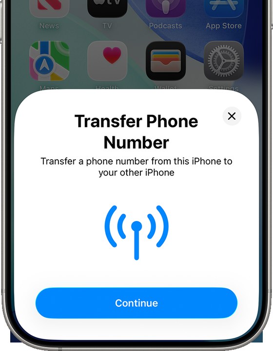 iPhone的Transfer Phone Number弹窗:把号码从这台iPhone转到另一台iPhone,按钮是Continue