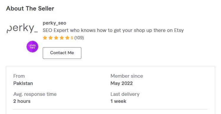 Fiverr的Etsy SEO卖家Perky 2022年存档:来自巴基斯坦、2022年5月入驻、平均回复2小时