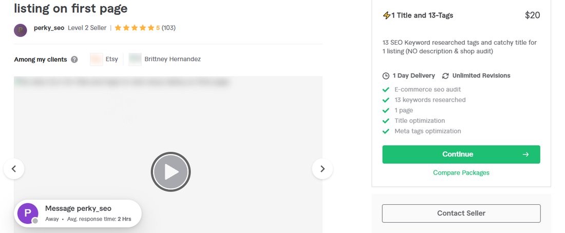 Perky的Etsy SEO服务Basic档:1个标题加13个标签20美金、1天交付