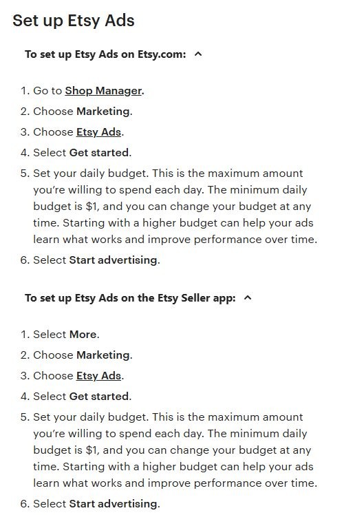 Etsy帮助中心Etsy Ads设置说明页,写明Shop Manager里Marketing、Etsy Ads、Get started,设日预算最低1美元,再点Start advertising