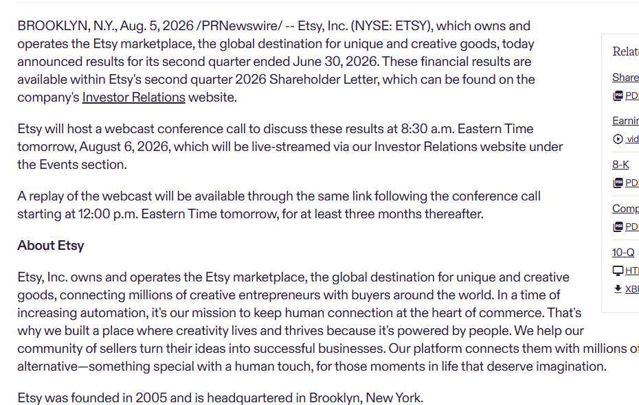 Etsy投资者关系站2026年8月5日新闻稿，写着纽交所代码ETSY、2005年成立、总部在纽约布鲁克林