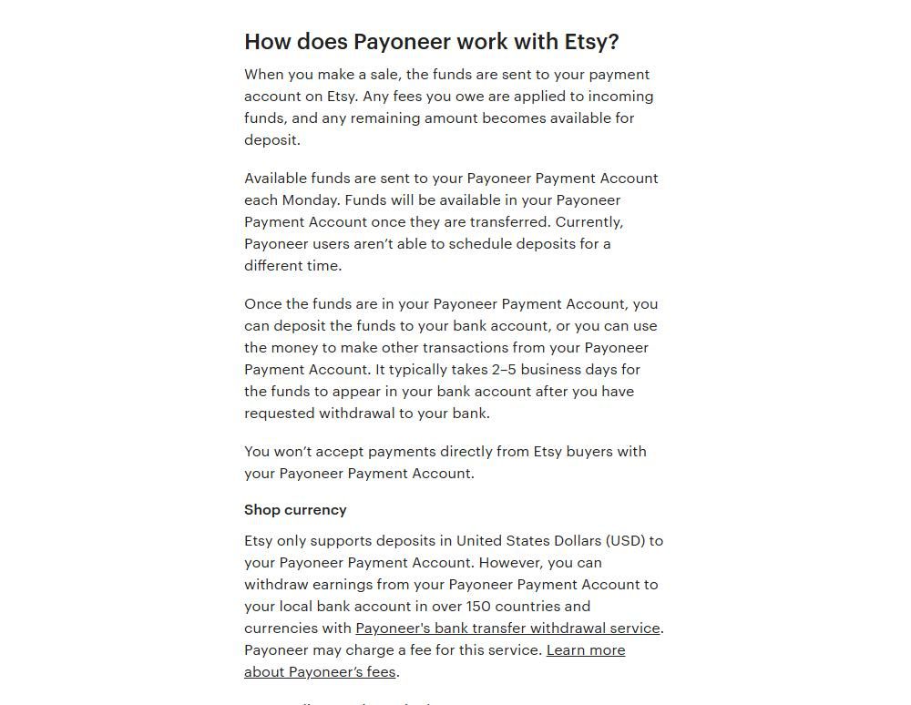 Etsy帮助中心Payoneer说明页,写明每周一出款、只存美元、提现到银行2到5个工作日