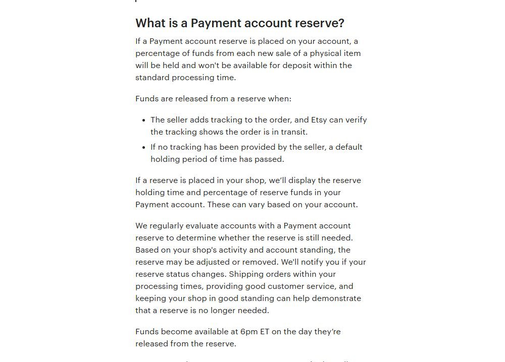 Etsy帮助中心Payment account reserve页面,写明实物订单按比例扣留以及释放条件