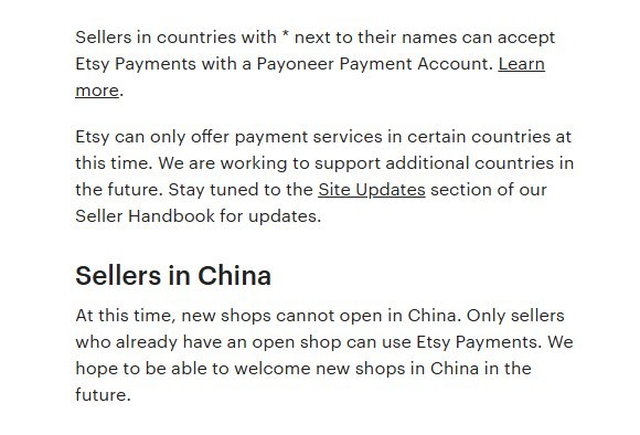 Etsy帮助中心Countries Eligible for Etsy Payments页面里Sellers in China一节原文