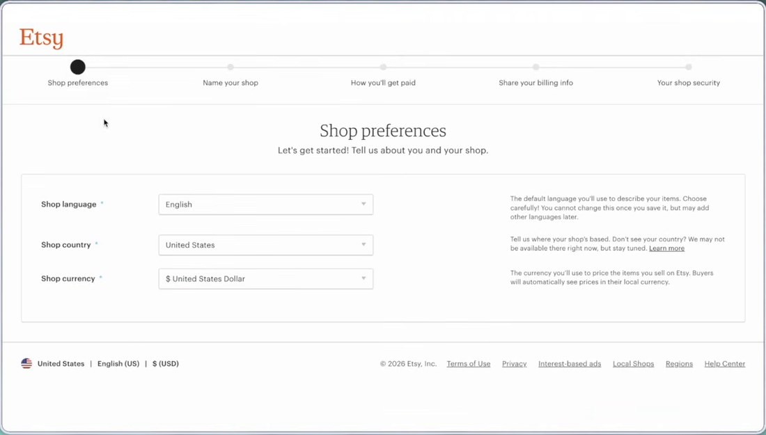 Etsy开店第一步Shop preferences页面，要选店铺语言、店铺所在国和币种